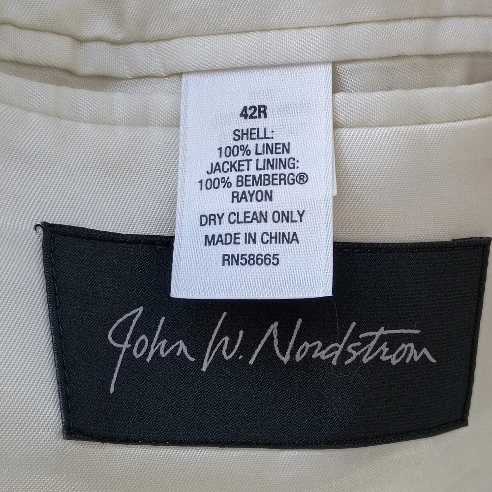 John W Nordstrom‎ Beige Herringbone Stripe 100% Linen Sport Coat Blazer 42R $395